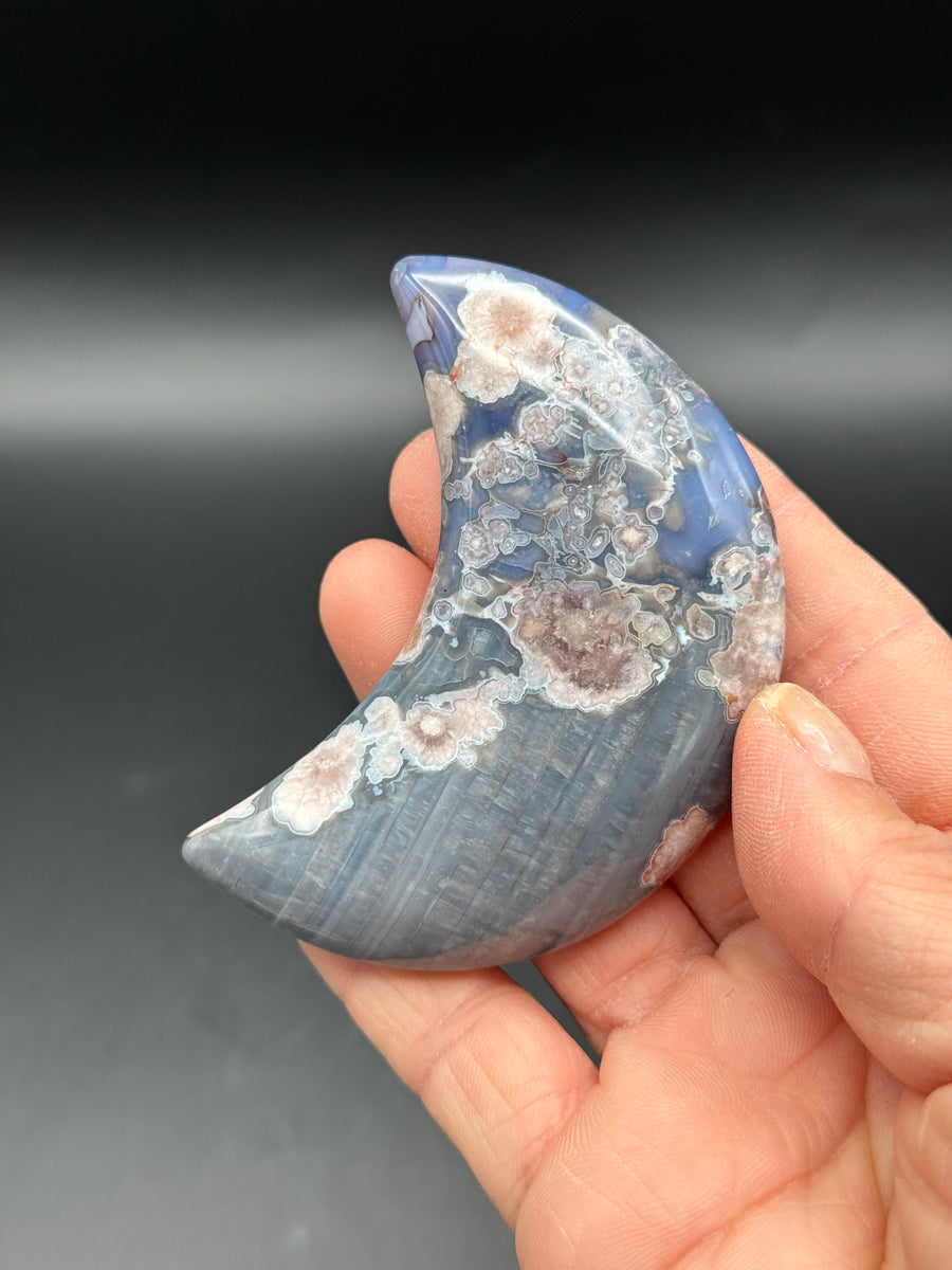 Blue Flower Agate Moon Carving on Stand