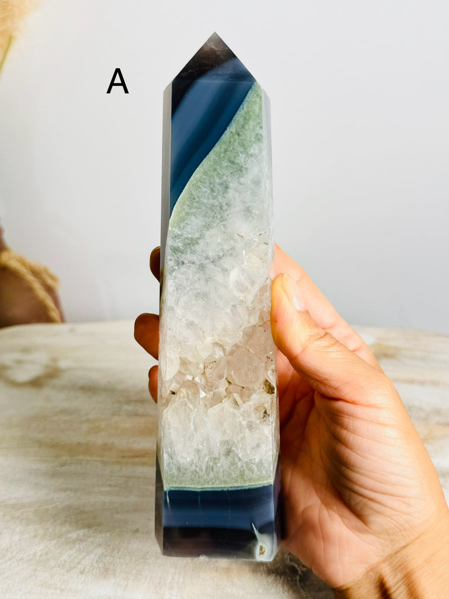 Blue Agate with Quartz Tower