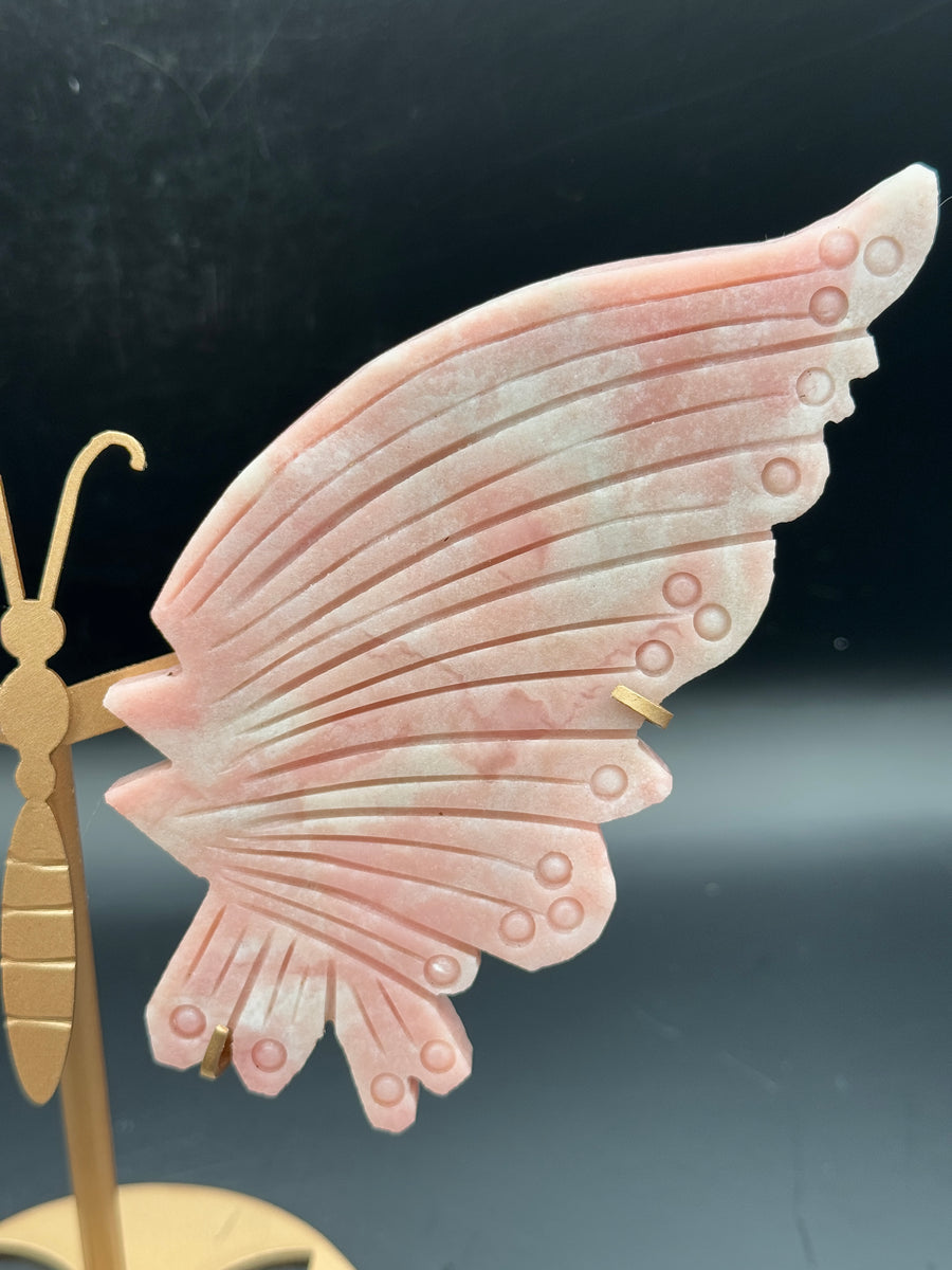 Pink Opal Butterfly Wings Carving on Custom Stand