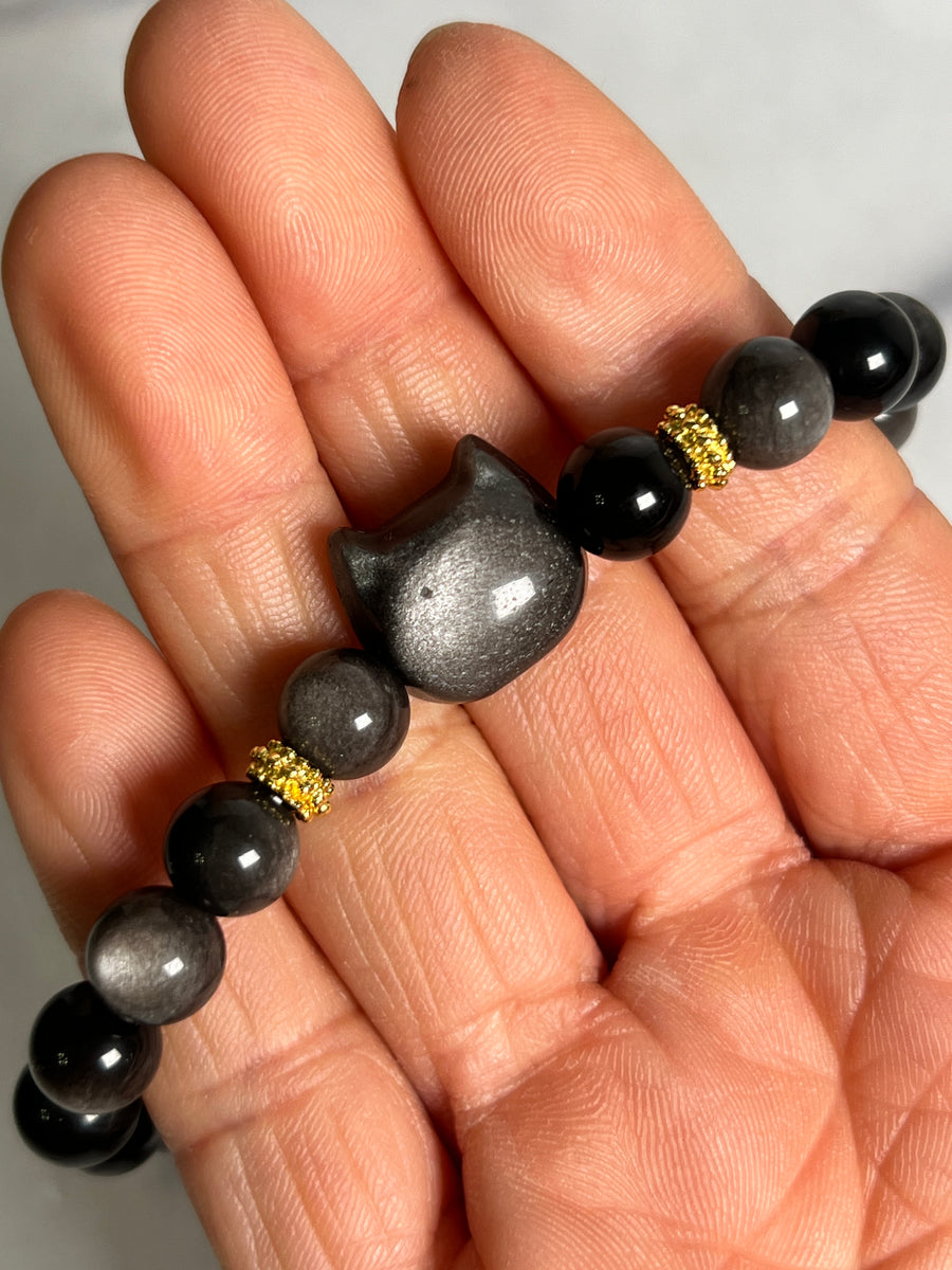 Silver Sheen Obsidian Cat Bracelet