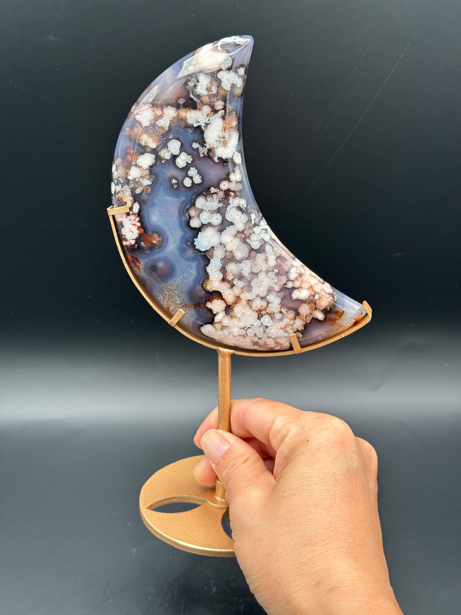 Blue Flower Agate Moon Carving on Stand