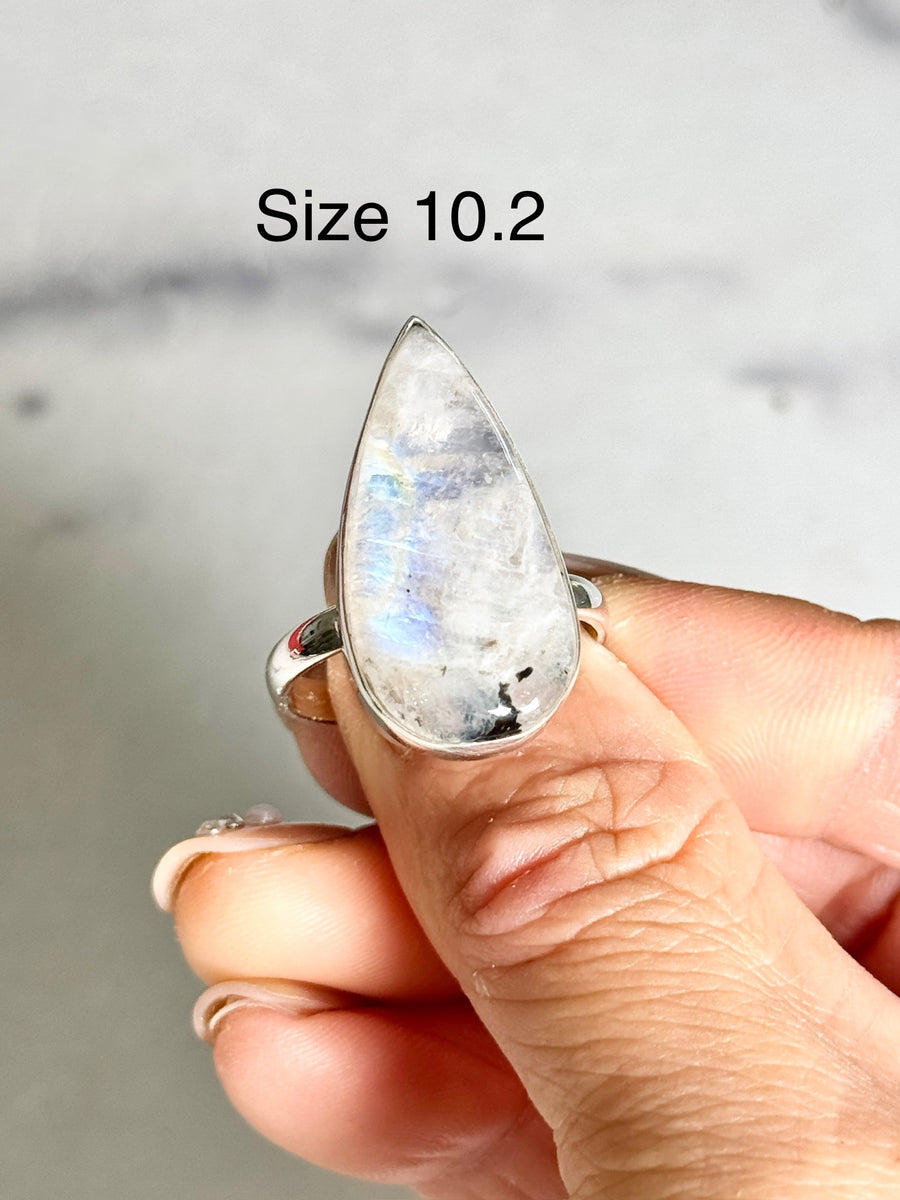 Rainbow Moonstone Teardrop 925 Sterling Silver Ring