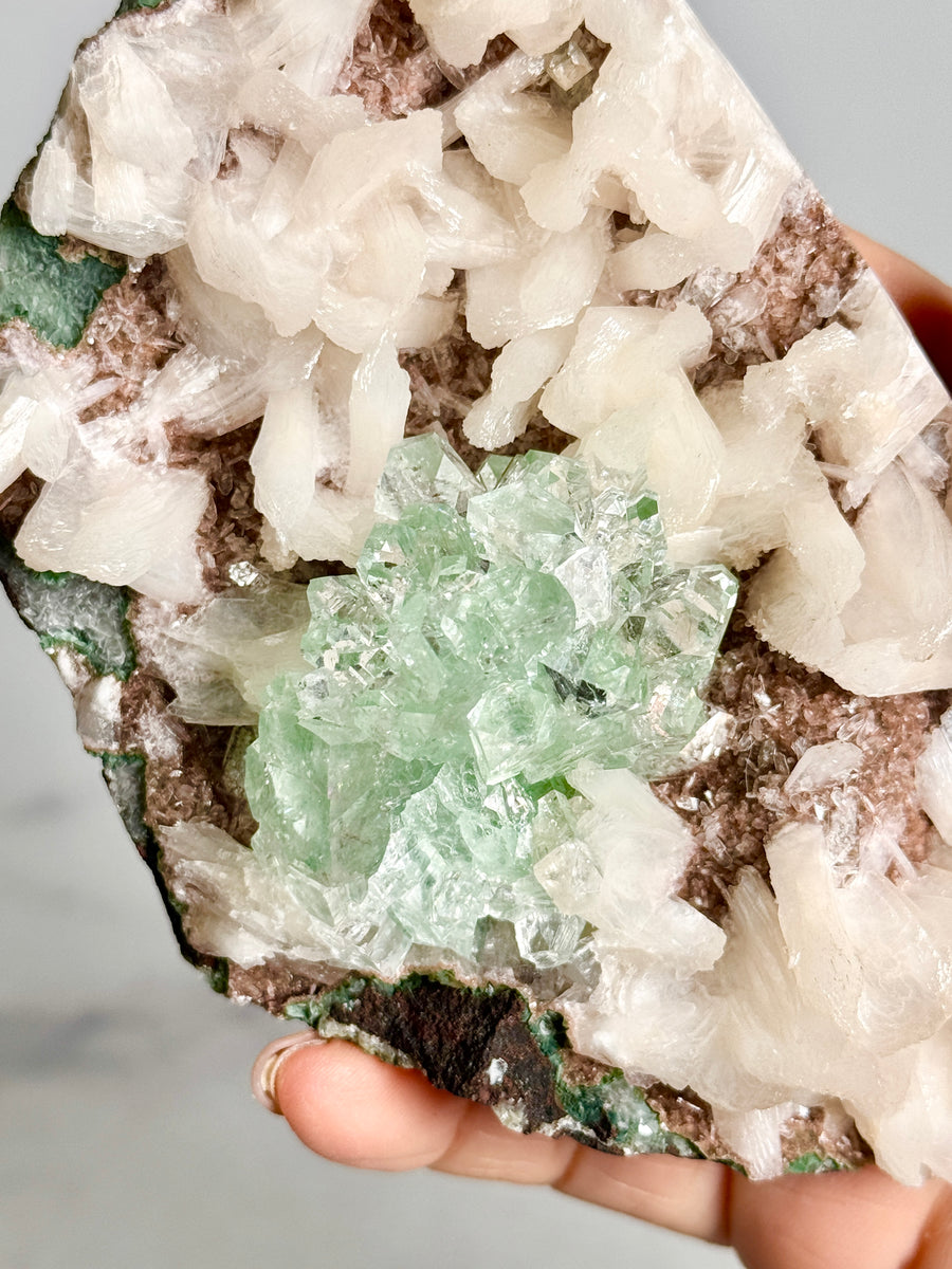 Green Apophyllite Flower with Stilbite