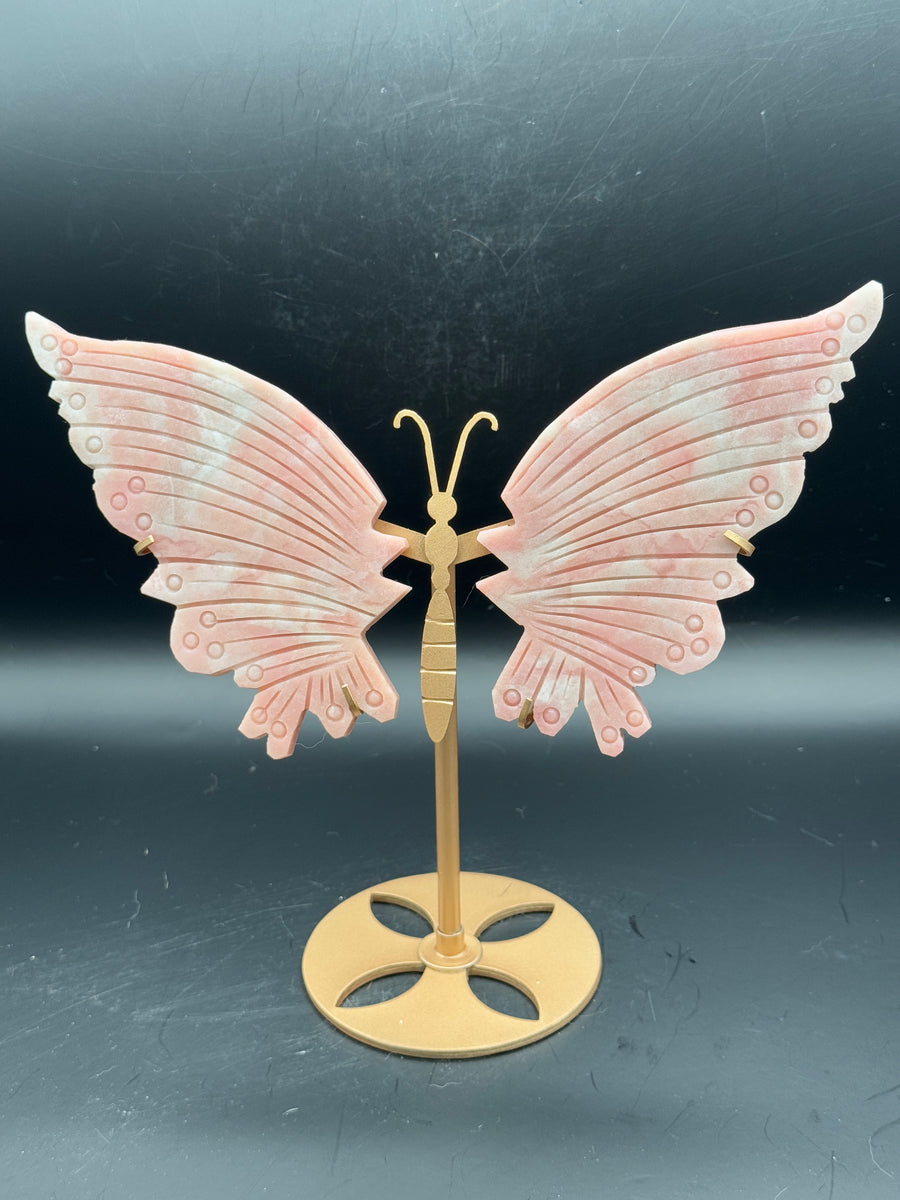 Pink Opal Butterfly Wings Carving on Custom Stand