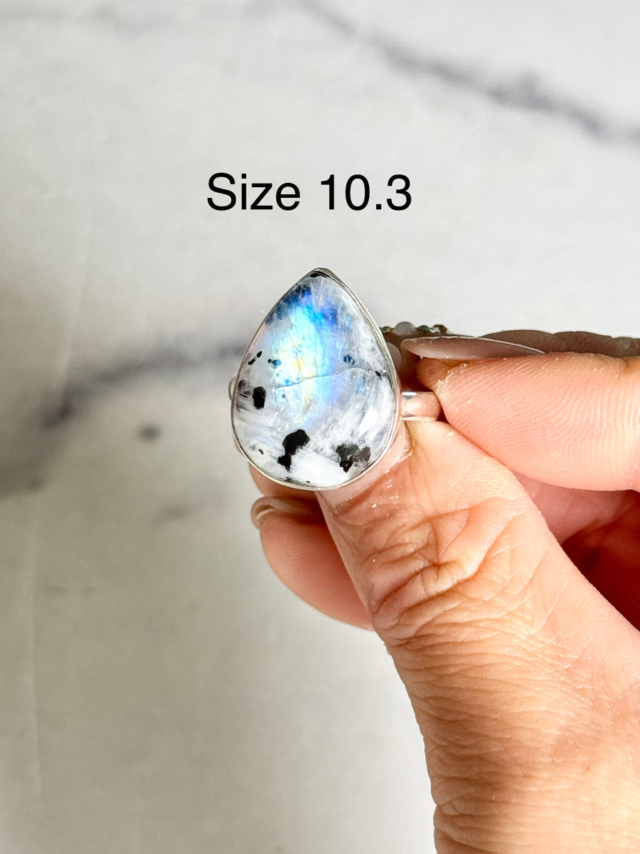 Rainbow Moonstone Teardrop 925 Sterling Silver Ring