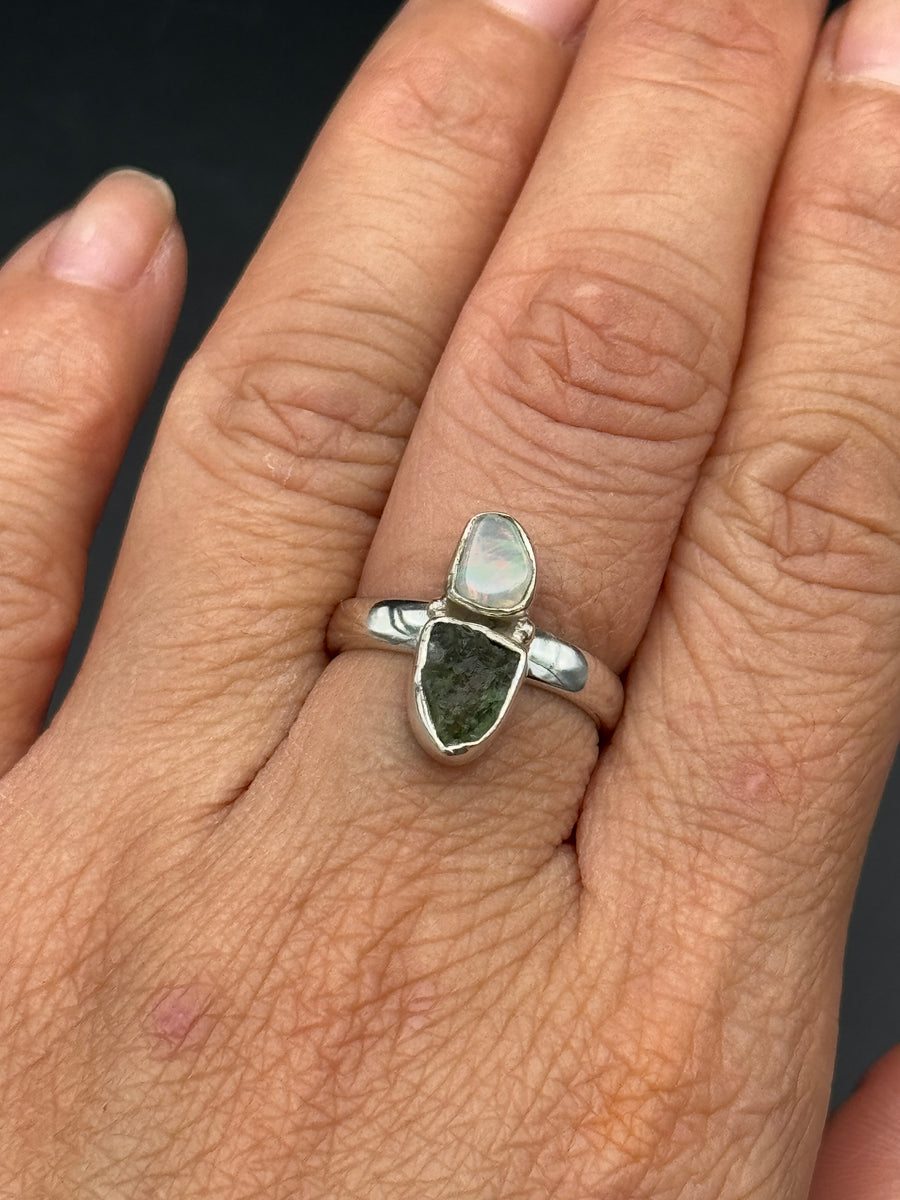 Opal and Moldavite 925 Sterling Silver Adjustable Ring