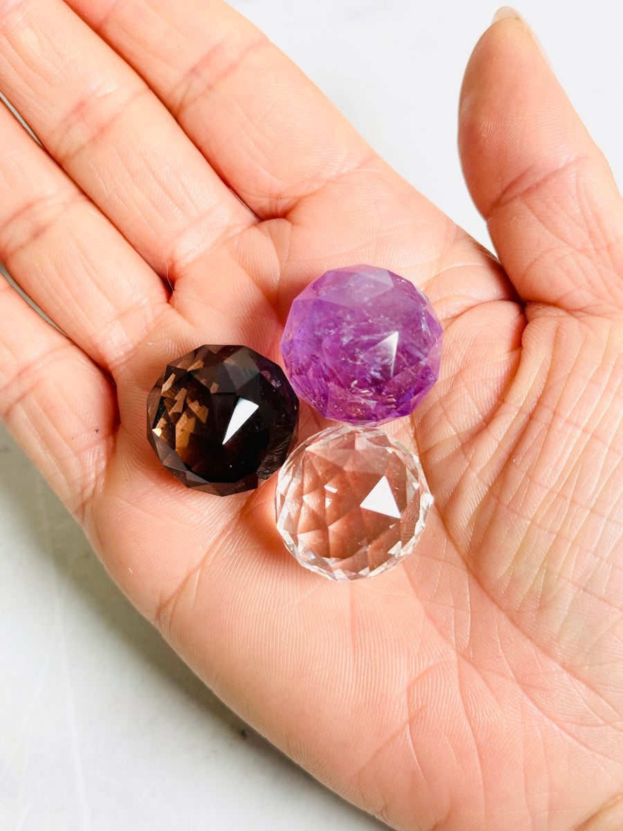 Faceted Amethyst, Clear Quartz or Smoky Quartz Sphere