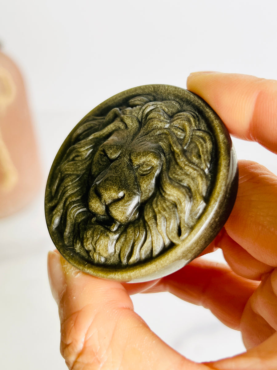 Gold Sheen Obsidian Lion Medallion Carving