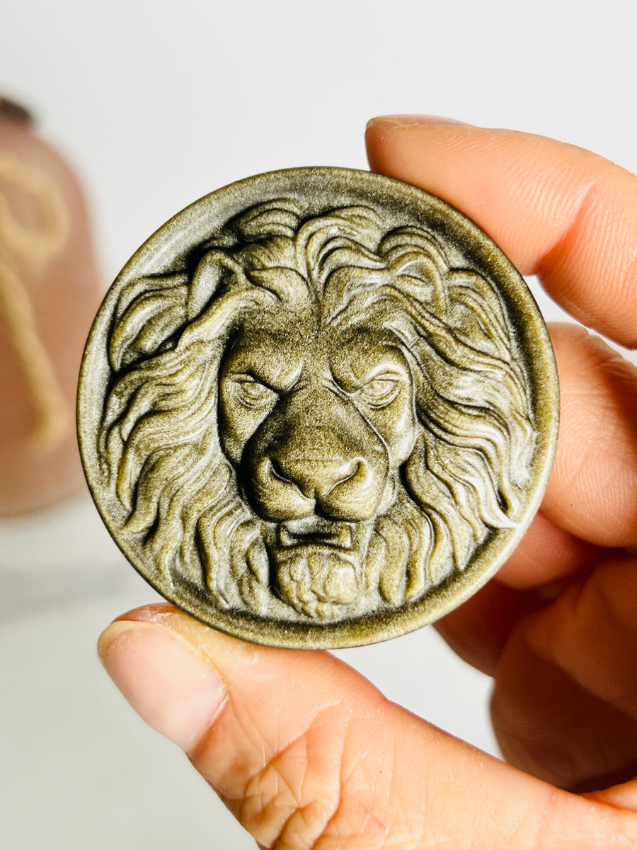 Gold Sheen Obsidian Lion Medallion Carving