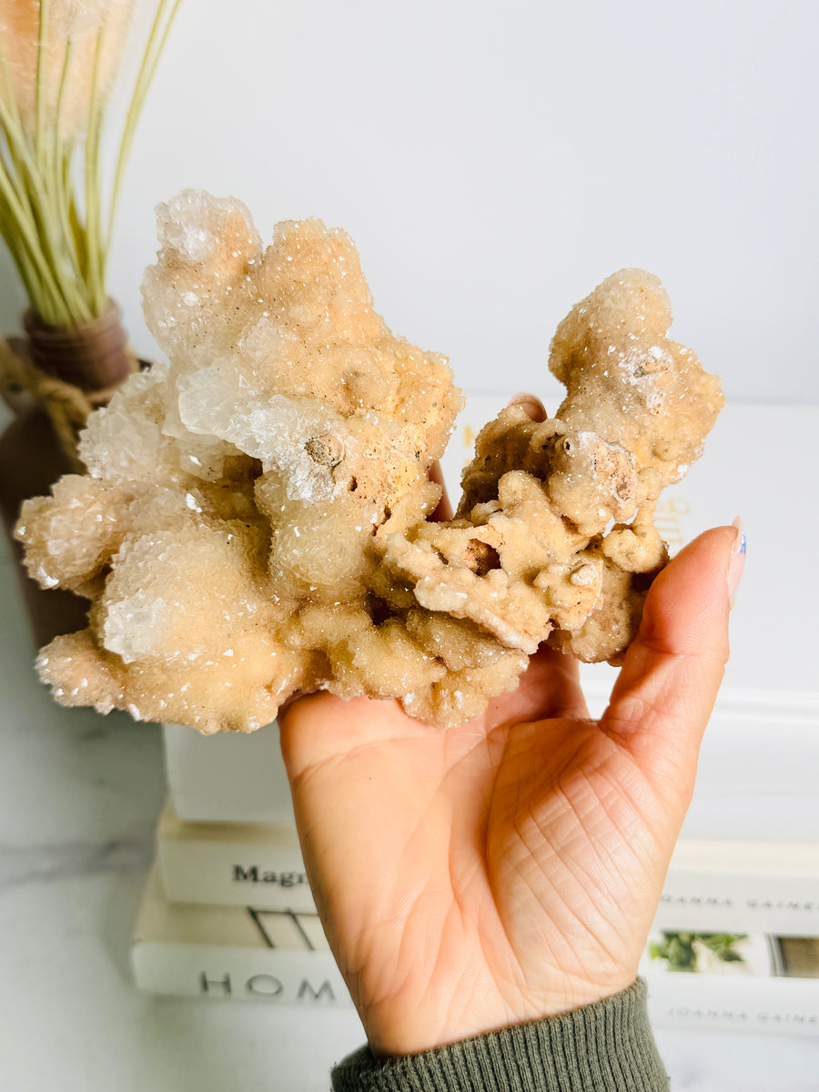 Pink Calcite on Gold Stand from Indonesia