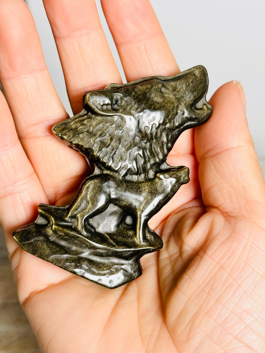 Gold Obsidian Wolf Carving