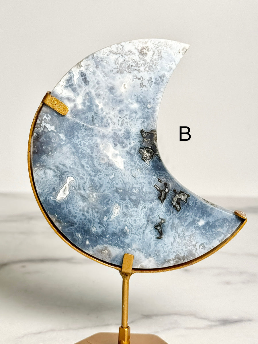 Blue Plume Agate Moon Carving on Stand