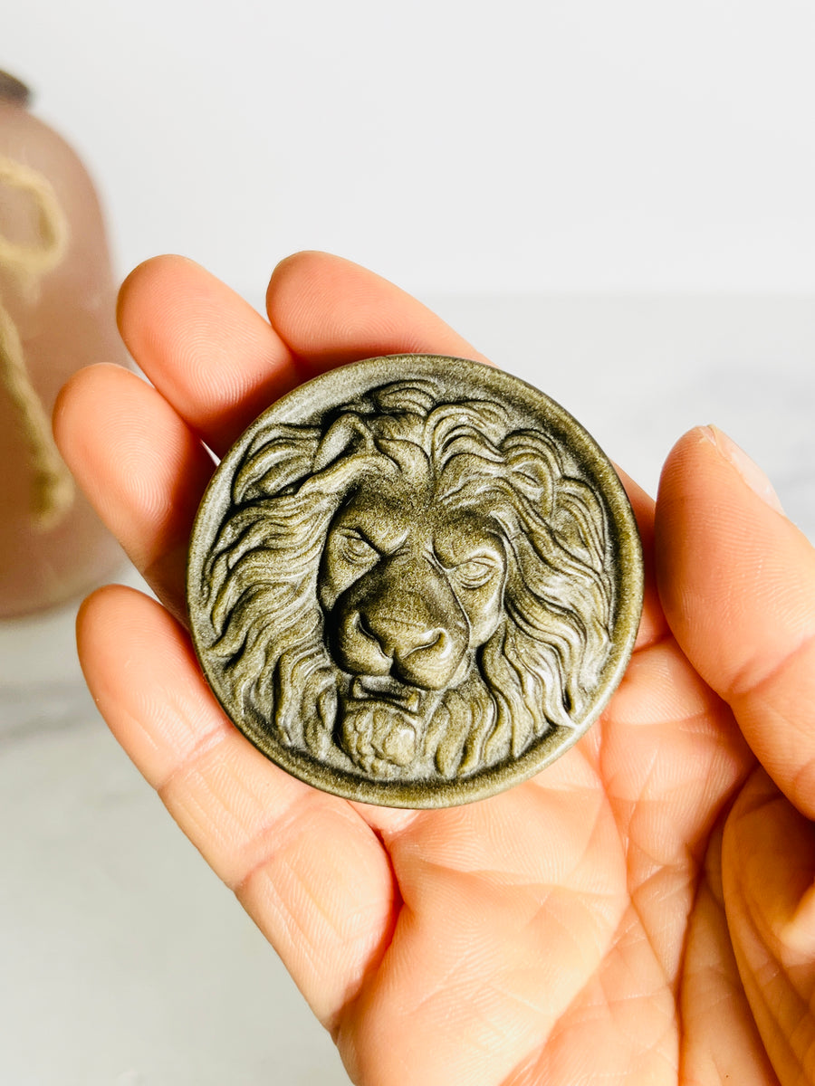 Gold Sheen Obsidian Lion Medallion Carving