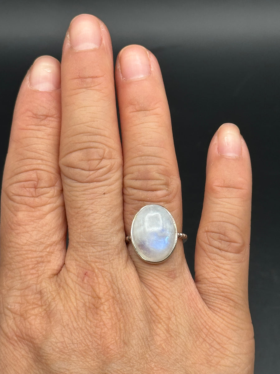 Blue Flash Moonstone Oval 925 Sterling Silver Adjustable Ring