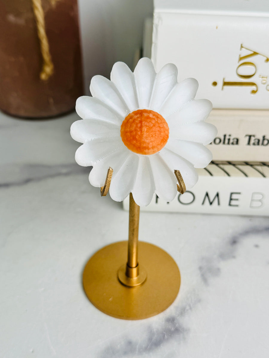 Satin Spar Daisy Carving on Gold Stand