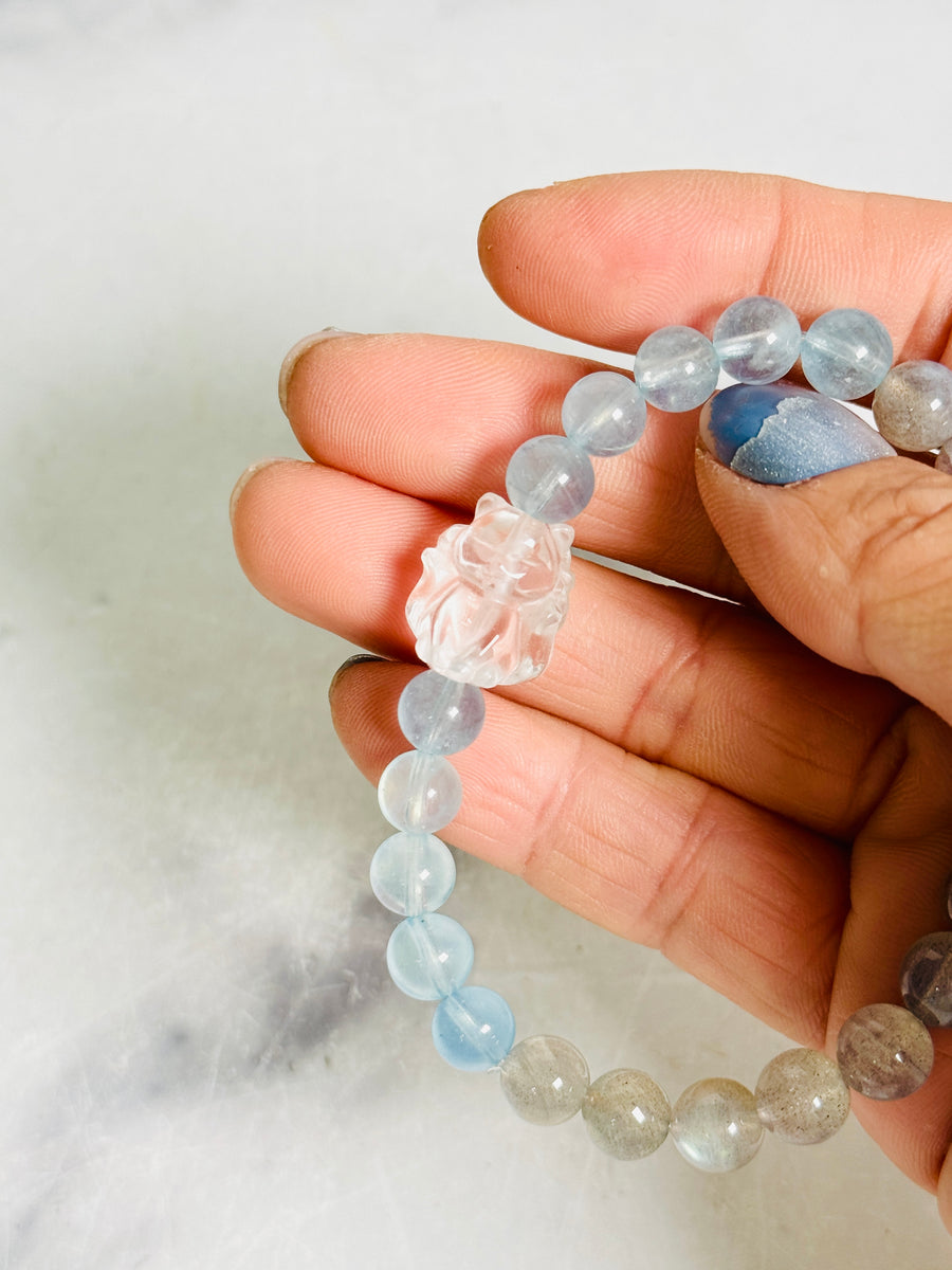 Clear Quartz 9 Tail Fox with Aquamarine & Labradorite Bracelet