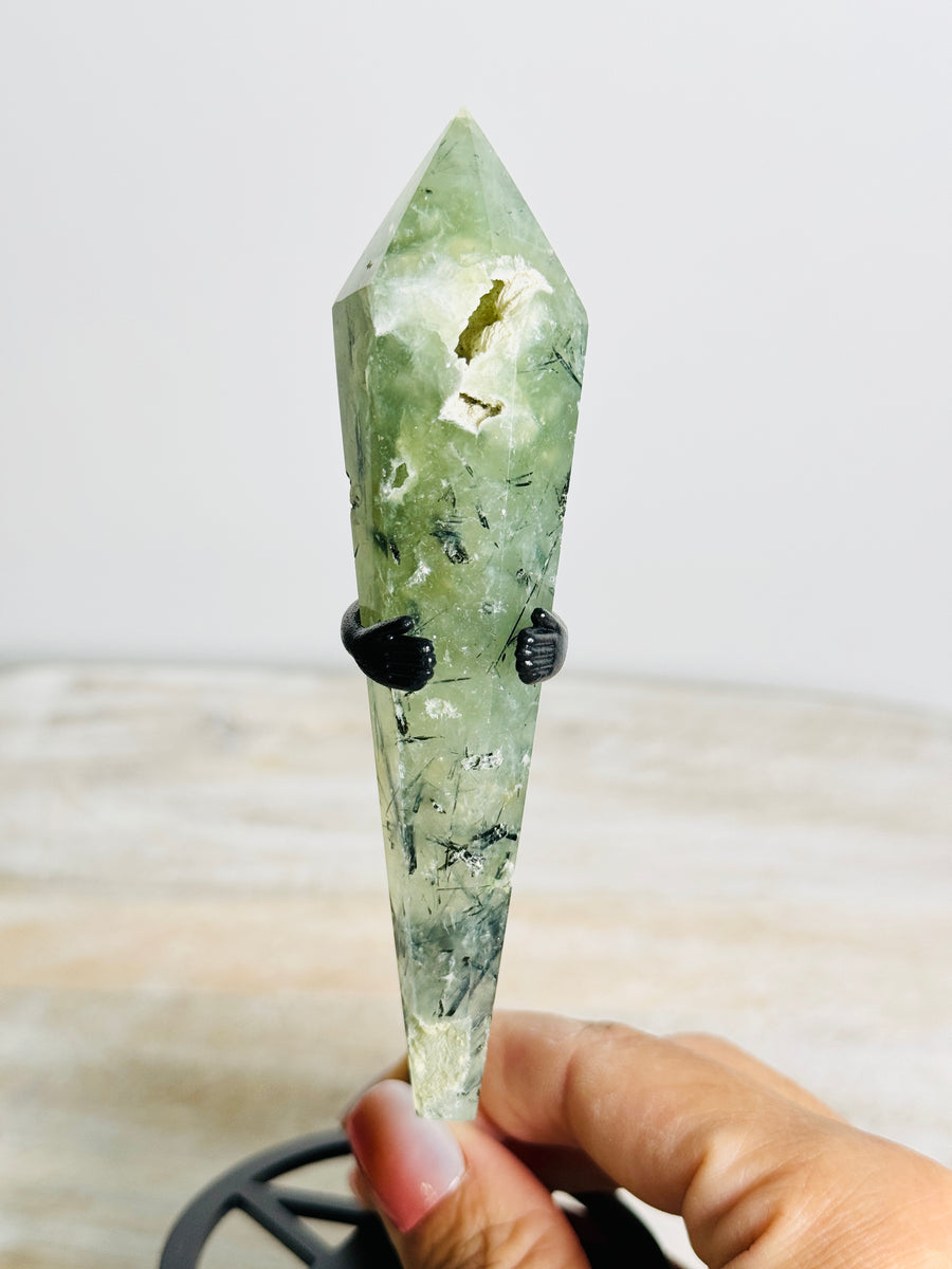 Prehnite Wand Carving on Black Stand