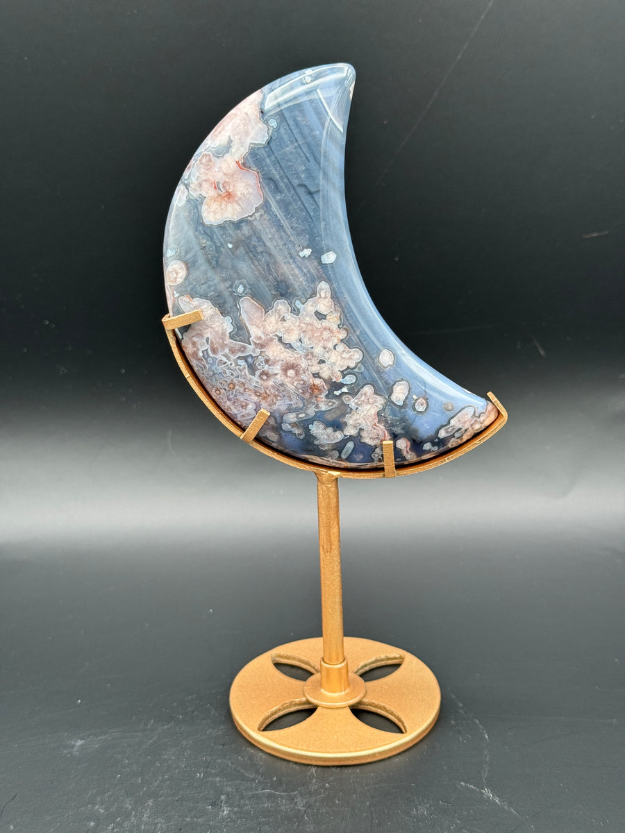 Blue Flower Agate Moon Carving on Stand