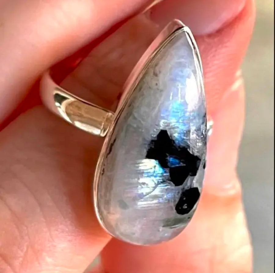 Rainbow Moonstone Teardrop 925 Sterling Silver Ring