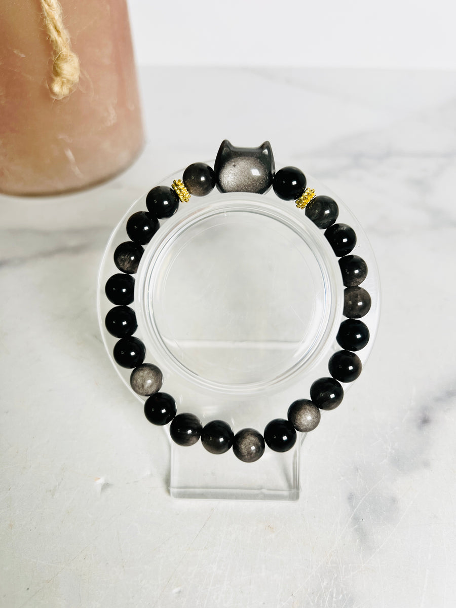 Silver Sheen Obsidian Cat Bracelet