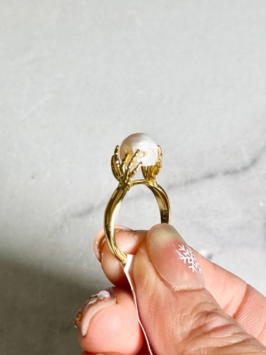 Fresh Water Pearl Skull Gold Plated 925 Sterling Silver Ring