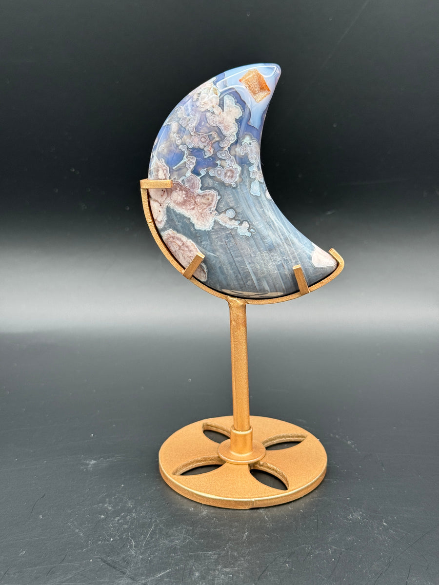 Blue Flower Agate Moon Carving on Stand