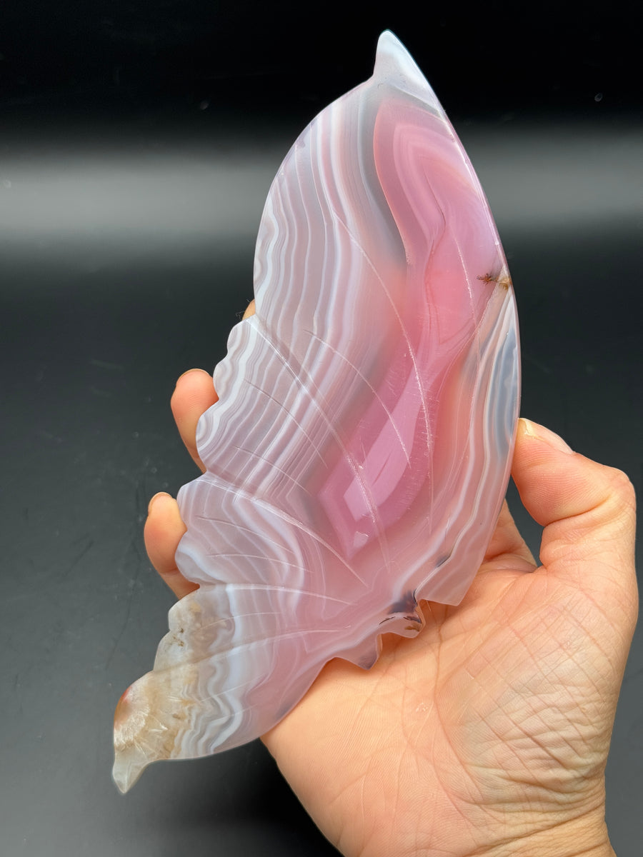 Pink Jelly Agate Butterfly Wing Carving on Custom Stand