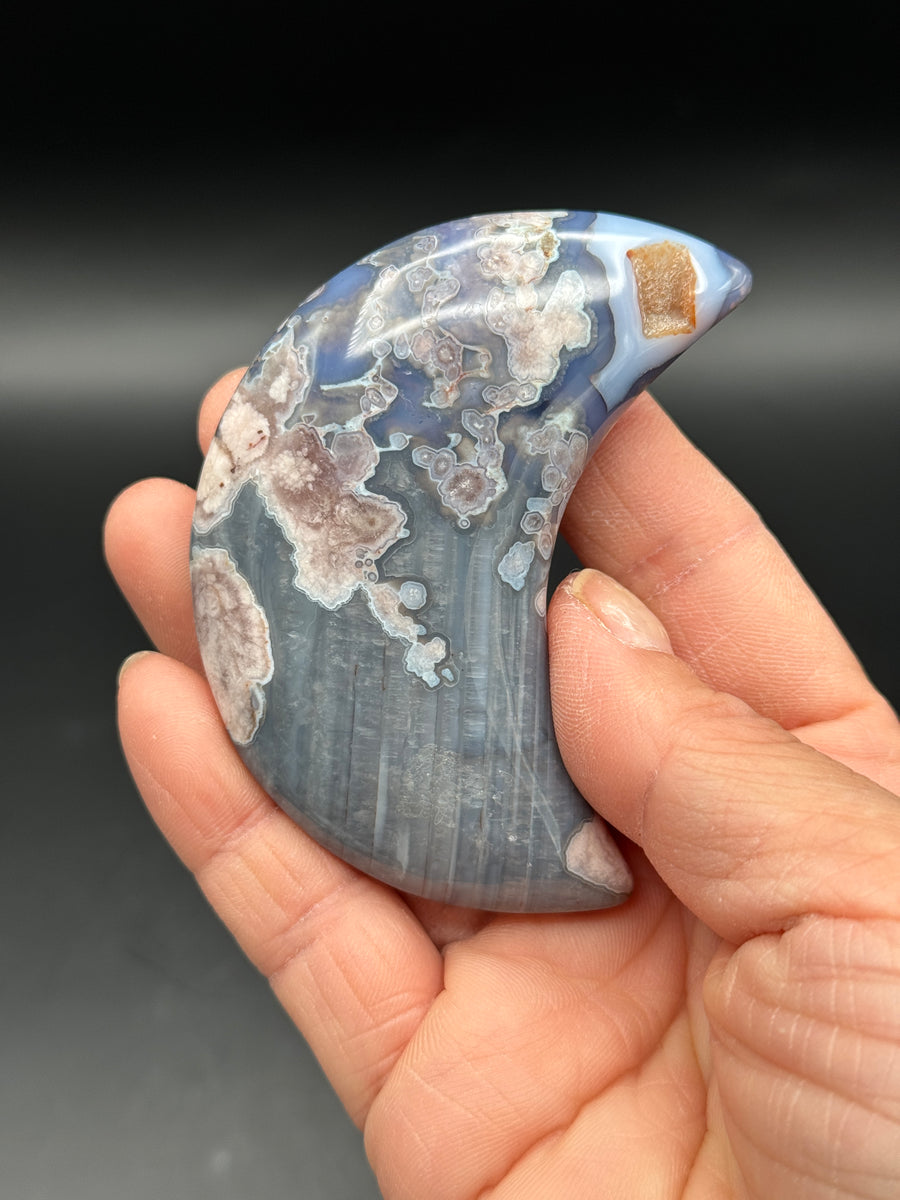 Blue Flower Agate Moon Carving on Stand