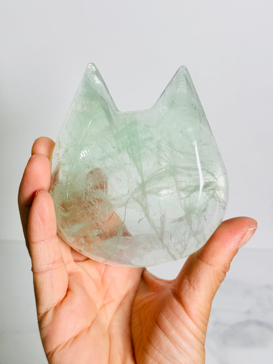 Green Fluorite Cat Bowl Carving