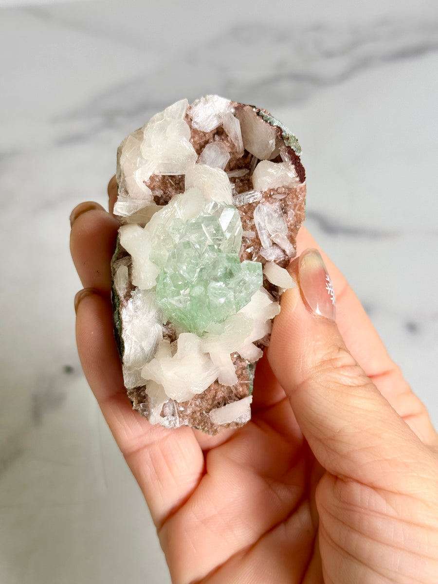 Green Apophyllite Flower with Stilbite