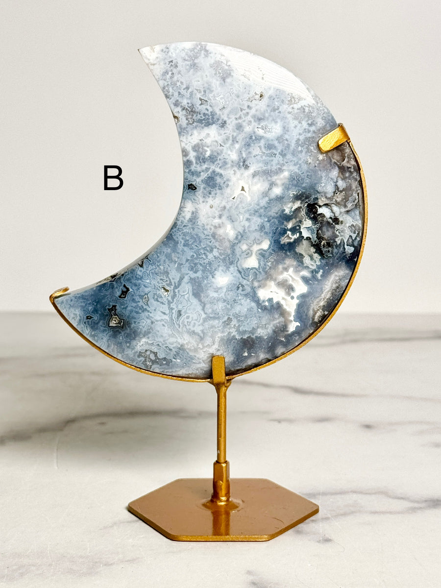 Blue Plume Agate Moon Carving on Stand