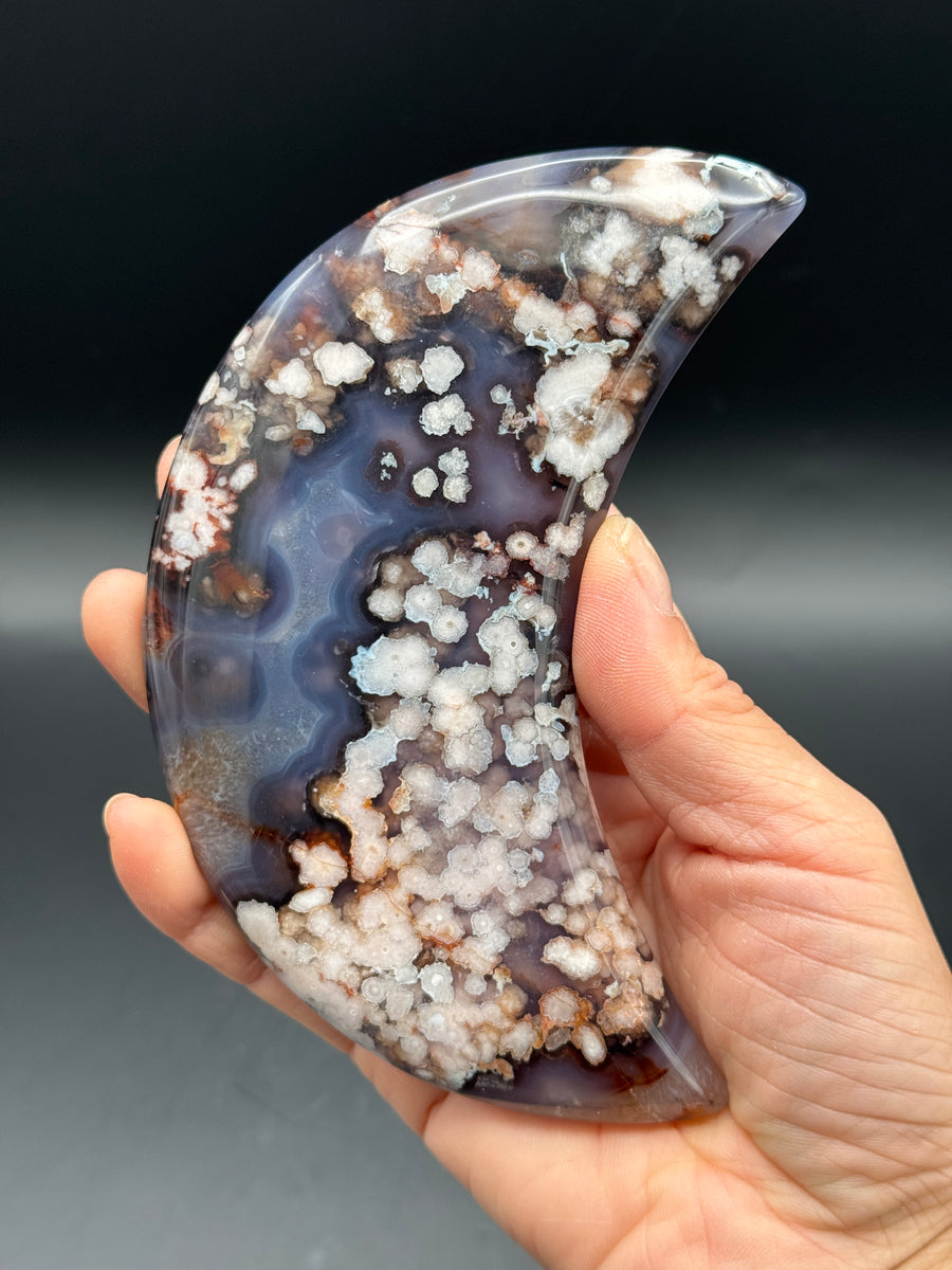 Blue Flower Agate Moon Carving on Stand