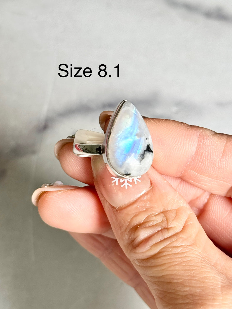 Rainbow Moonstone Teardrop 925 Sterling Silver Ring