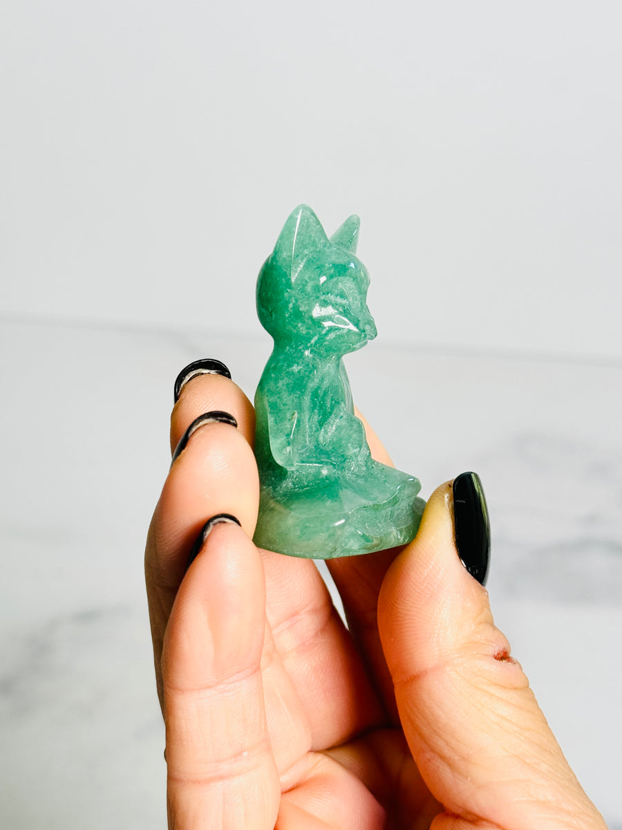 Green Aventurine Meditating Cat Carving