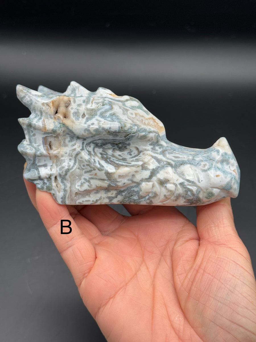 Moss Agate Dragon Head Carving