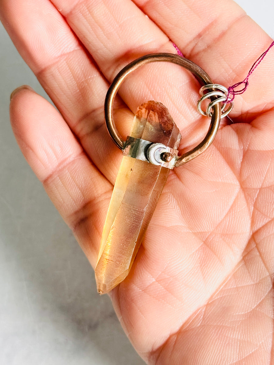 Pink Lemurian Point 925 Sterling Silver & Copper Handmade Pendant