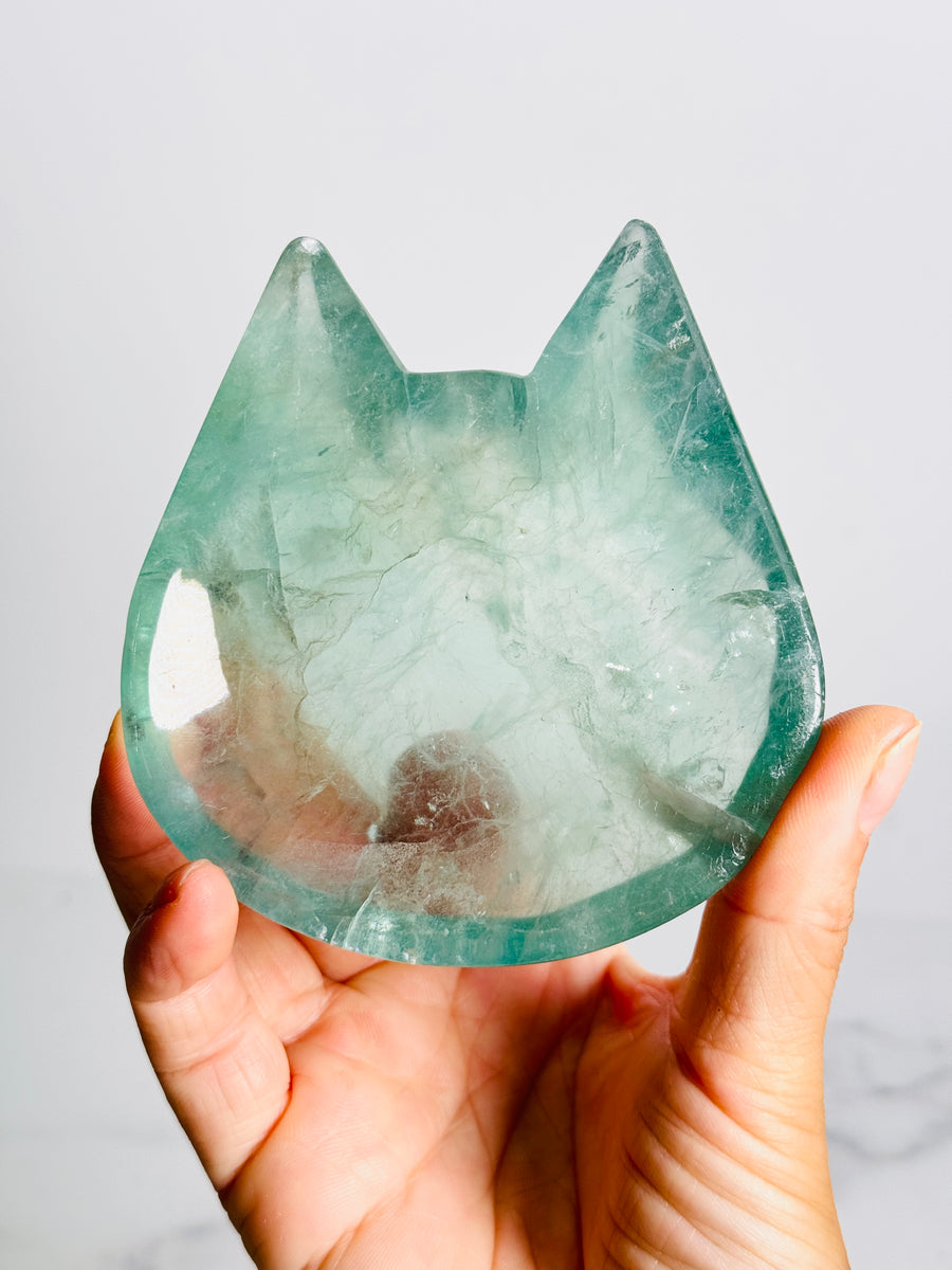 Green Fluorite Cat Bowl Carving