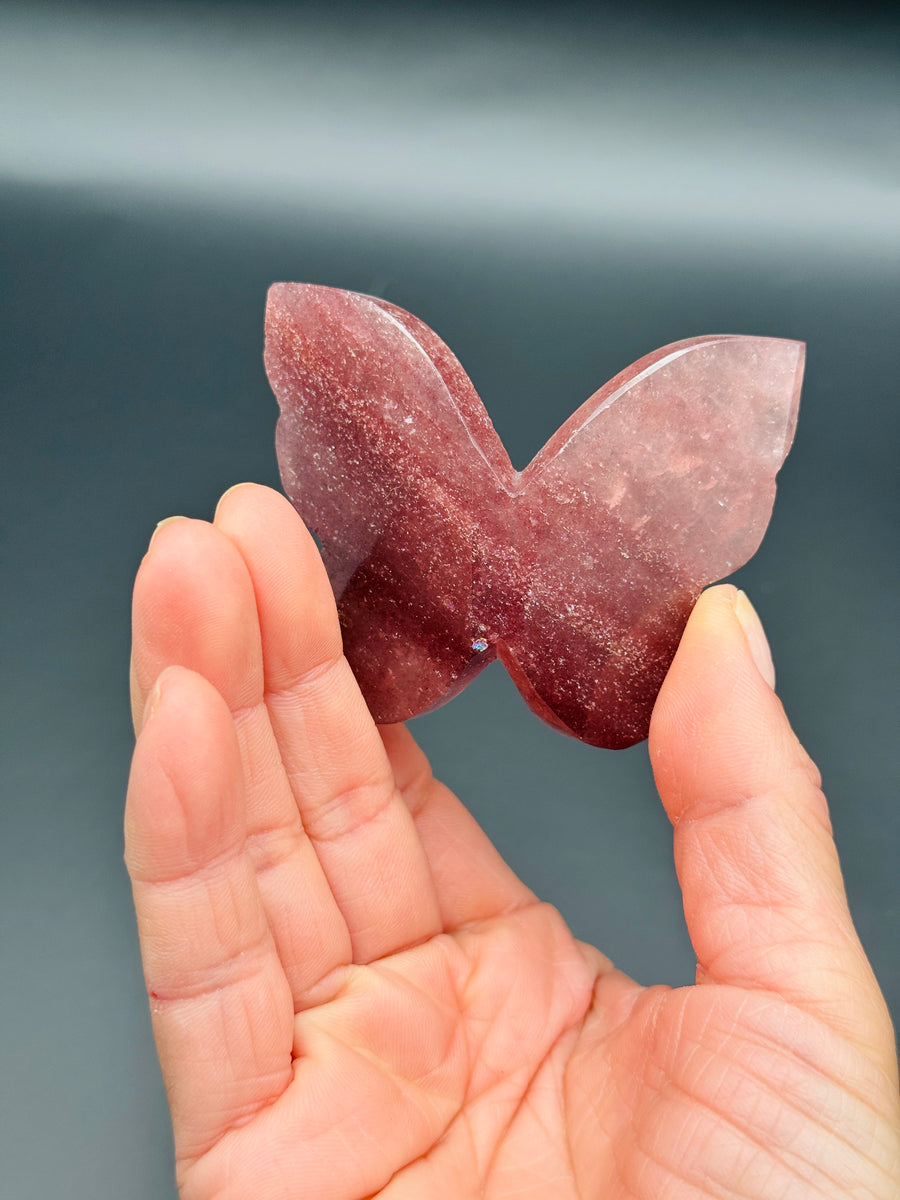 Strawberry Quartz 3D Butterfly Carving