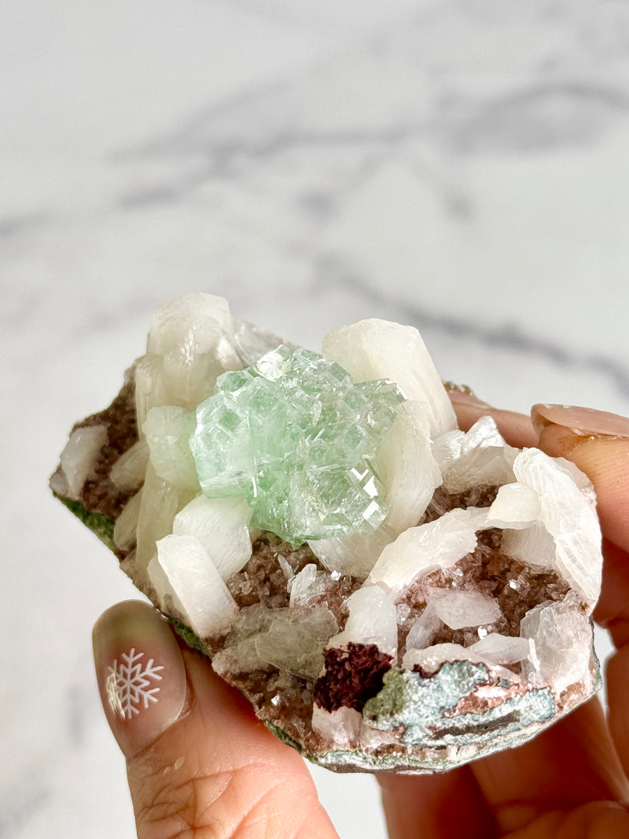 Green Apophyllite Flower with Stilbite