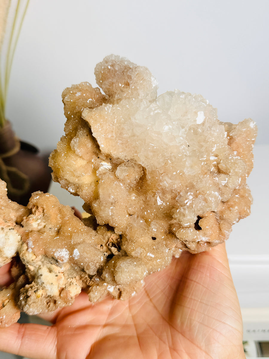 Pink Calcite on Gold Stand from Indonesia