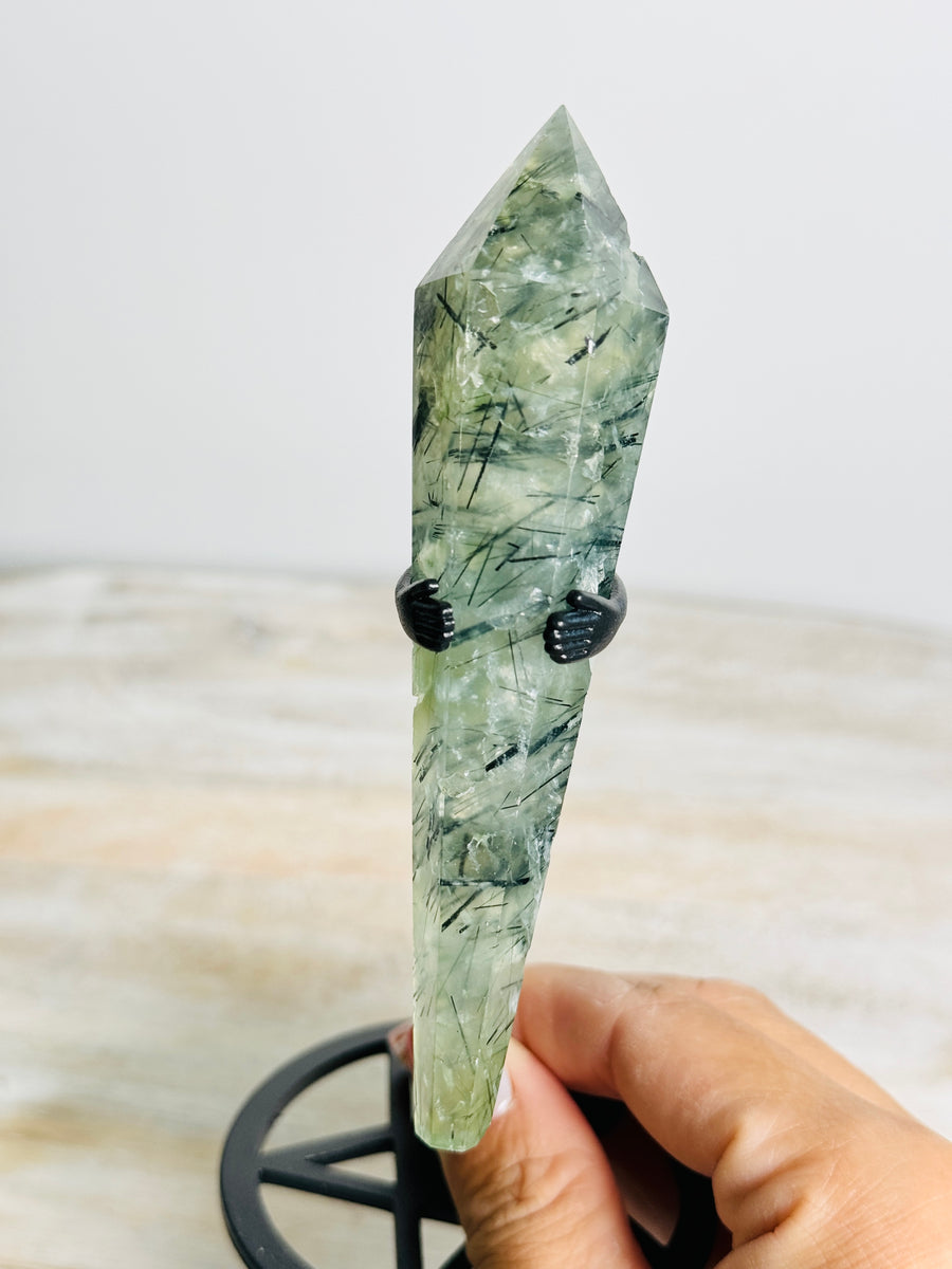 Prehnite Wand Carving on Black Stand