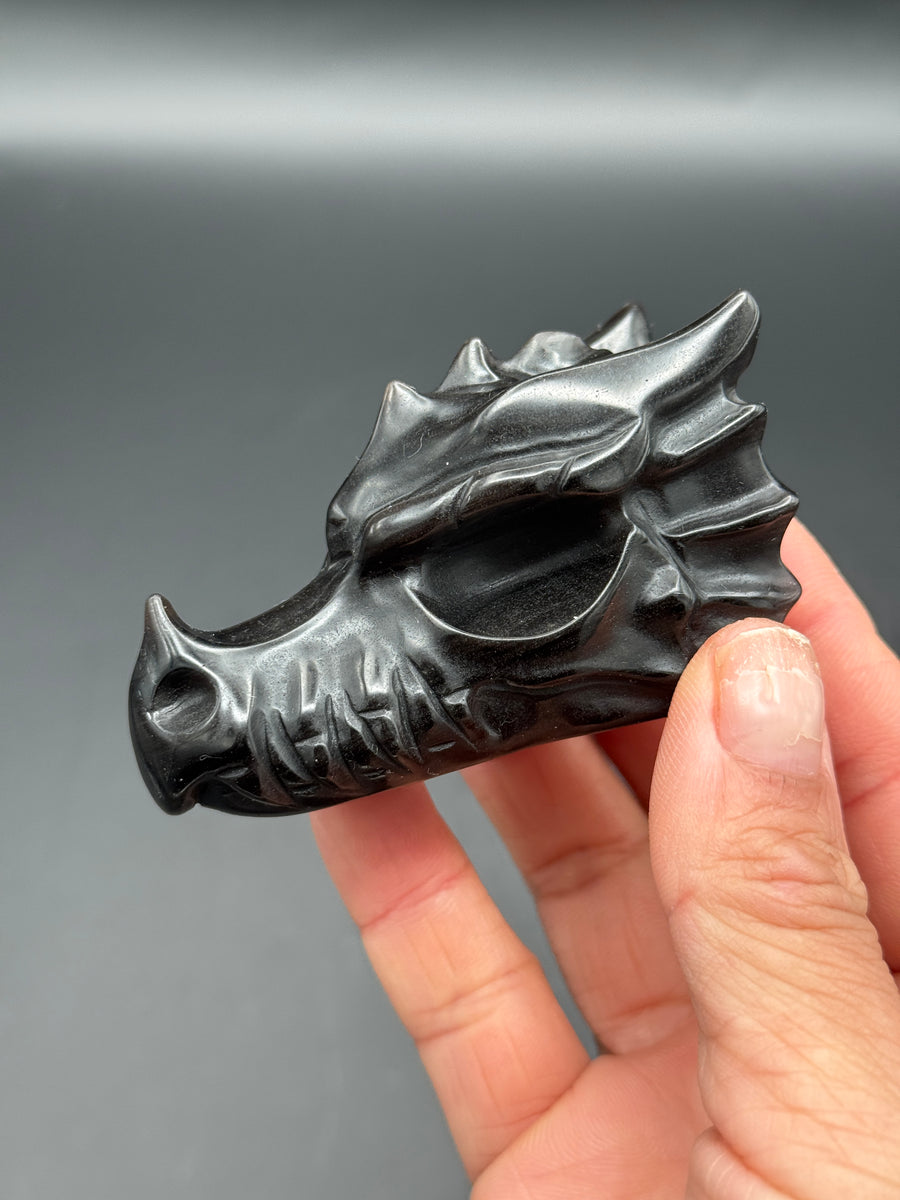 Silver Obsidian Dragon Head Carving