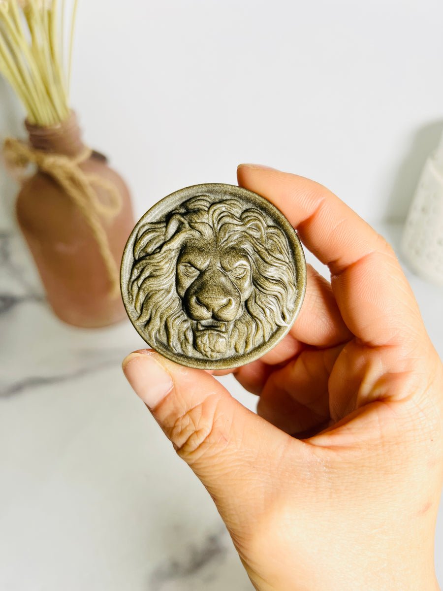 Gold Sheen Obsidian Lion Medallion Carving