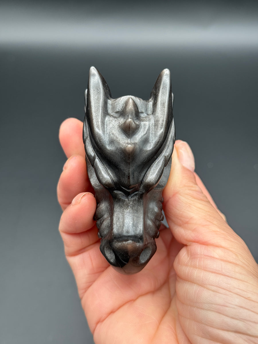 Silver Obsidian Dragon Head Carving