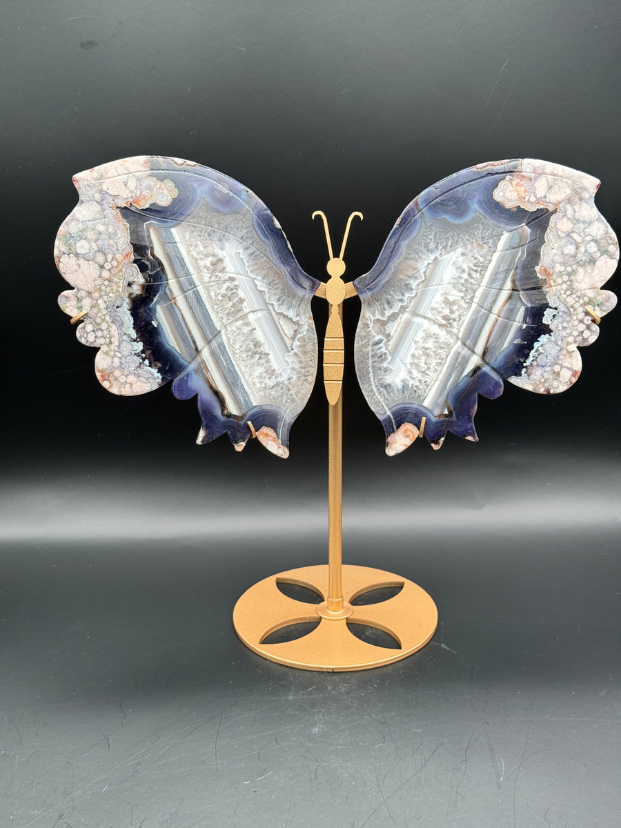 Large Blue Flower Agate Butterfly Carving on Stand