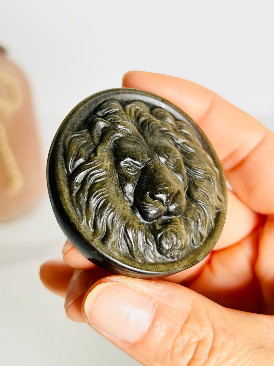 Gold Sheen Obsidian Lion Medallion Carving