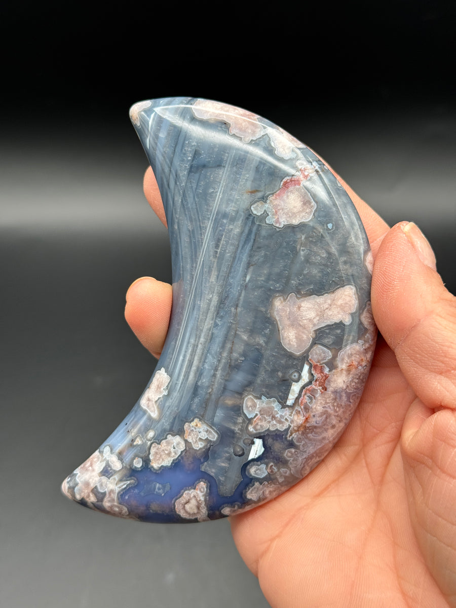 Blue Flower Agate Moon Carving on Stand