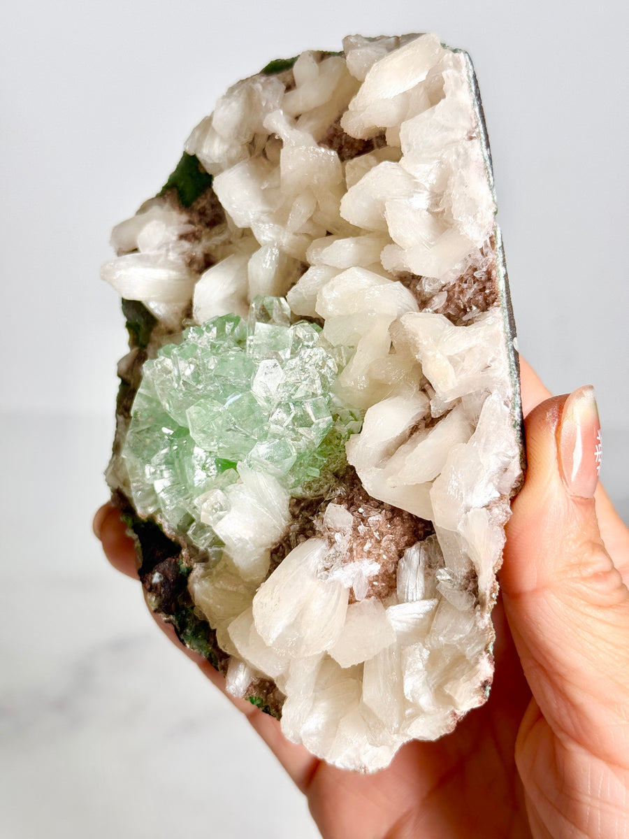 Green Apophyllite Flower with Stilbite