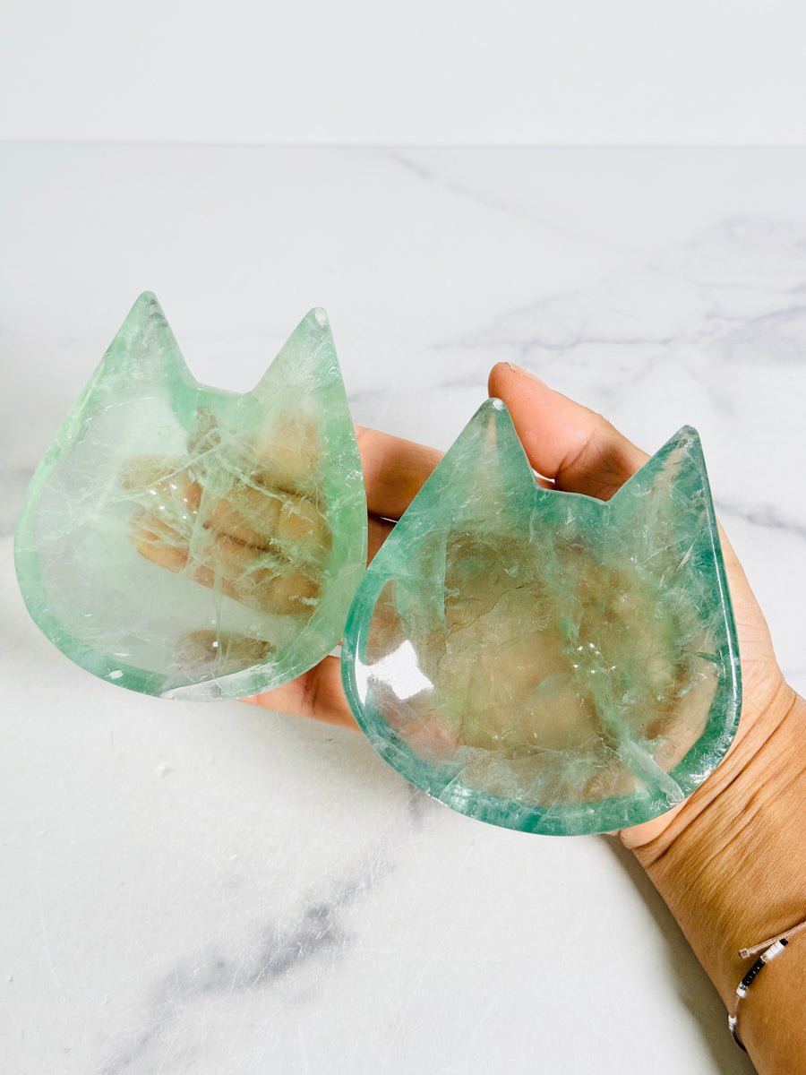 Green Fluorite Cat Bowl Carving