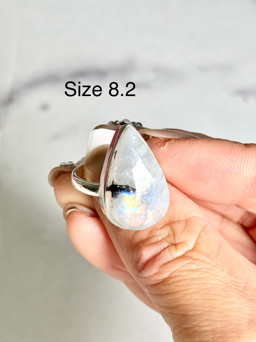 Rainbow Moonstone Teardrop 925 Sterling Silver Ring